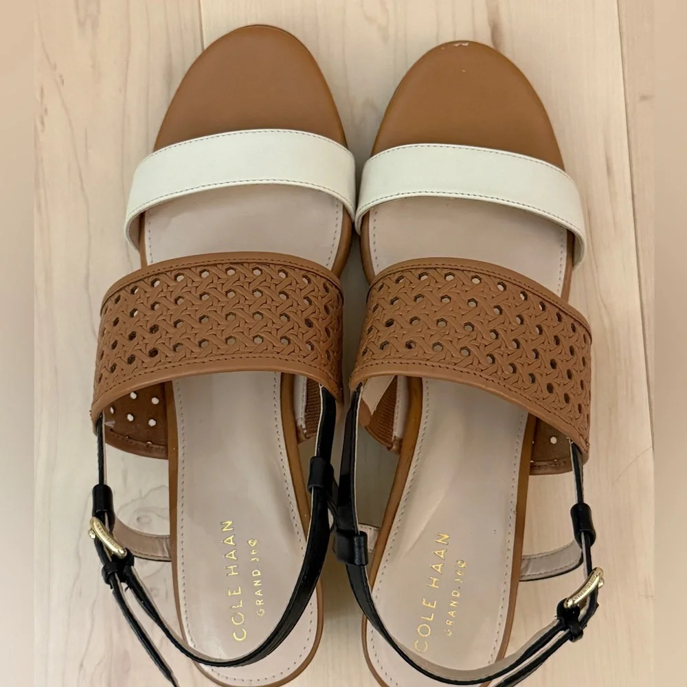 Cole Haan Annabelle Grand 360 Tan, Black & White Wedge Sandals Shoe; Size 7 1/2B - Picture 2 of 13